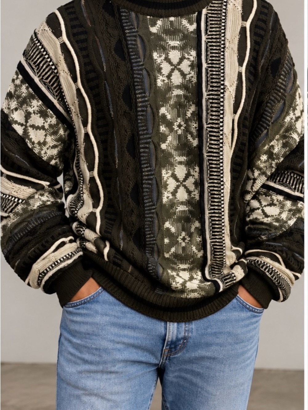 Le Tigre Men’s XL Vintage Style 3D Knit Coogi Style Sweater